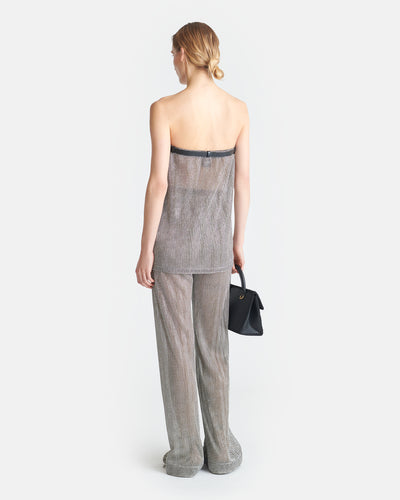 Gilma - Leather-Trimmed Metallic Top - Silver/Black