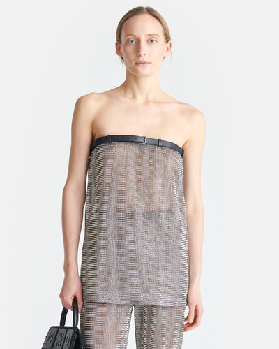 Gilma - Leather-Trimmed Metallic Top - Silver/Black