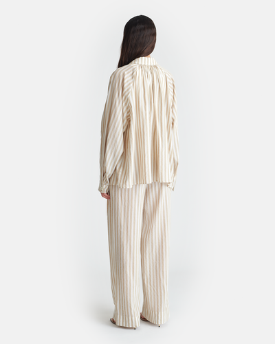 Nevada - Striped Belted Linen Pants - Beige