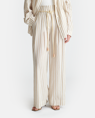 Nevada - Striped Belted Linen Pants - Beige
