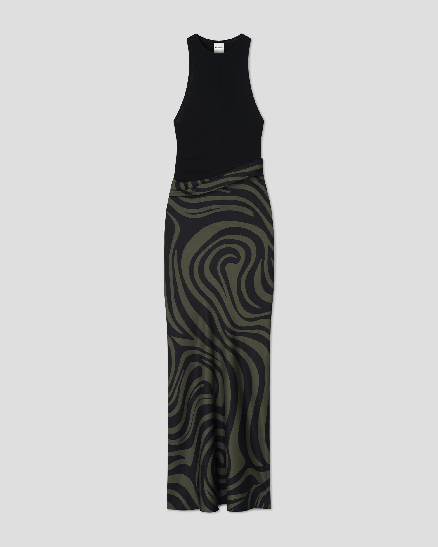 Jordyn - Draped Fabric-Blocked Dress - Midnight Green Swirl XS Jordyn - Draped Fabric-Blocked Dress - Midnight Green Swirl XS