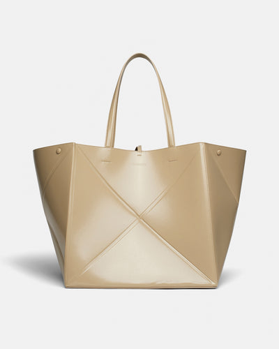 The Origami Tote Large - Patent Alt-Nappa Large Tote - Pebble