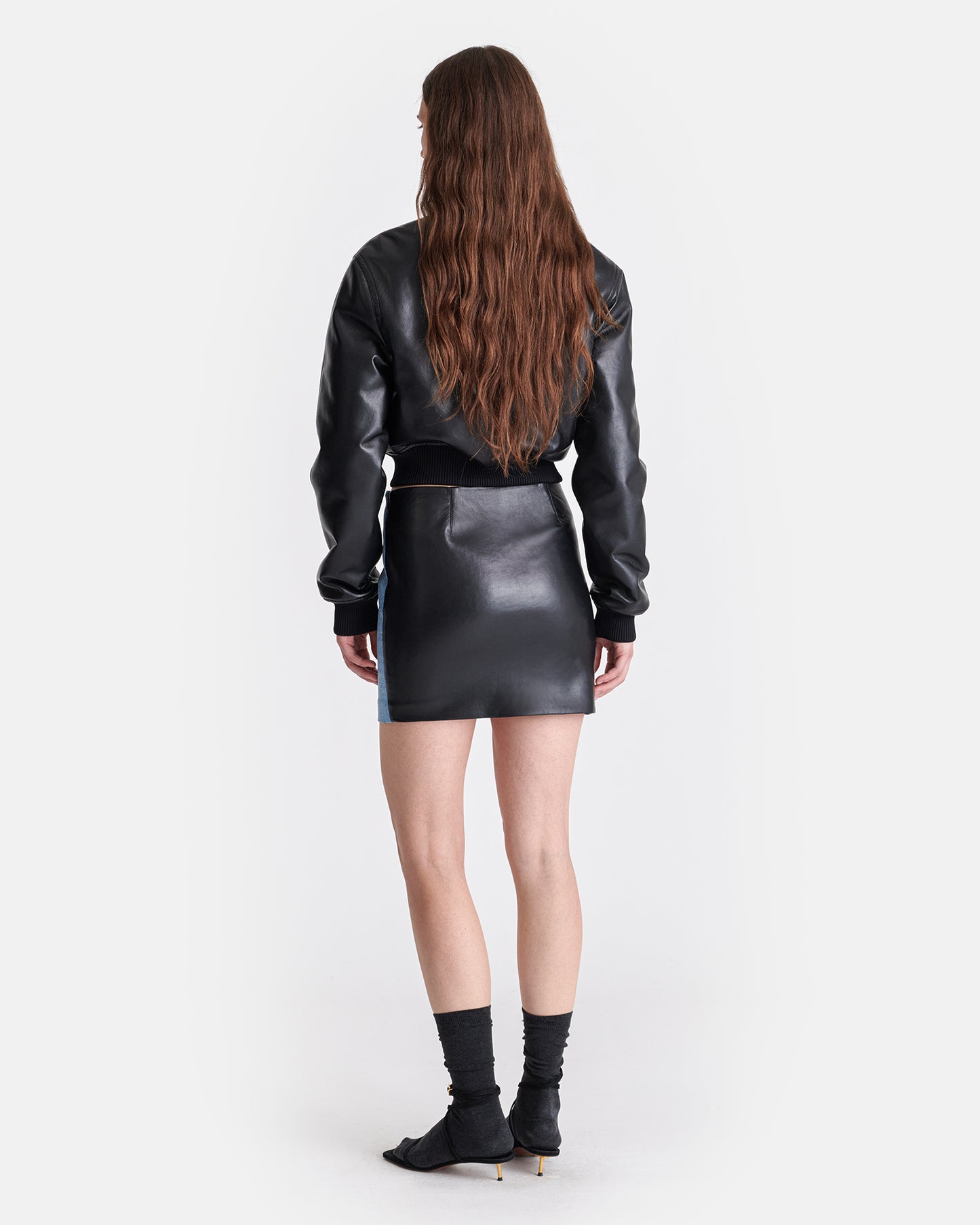 Vivian - Denim And Regenerated Leather Mini Skirt - Mid Blue/Black