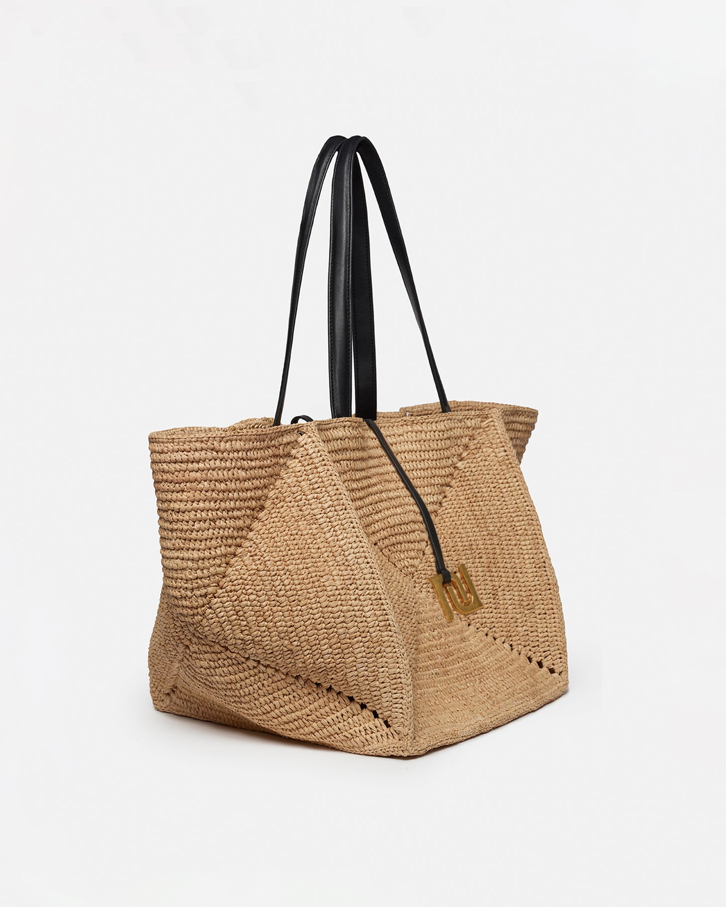 Origami Tote Large - Raffia Charm Tote - Natural/Black