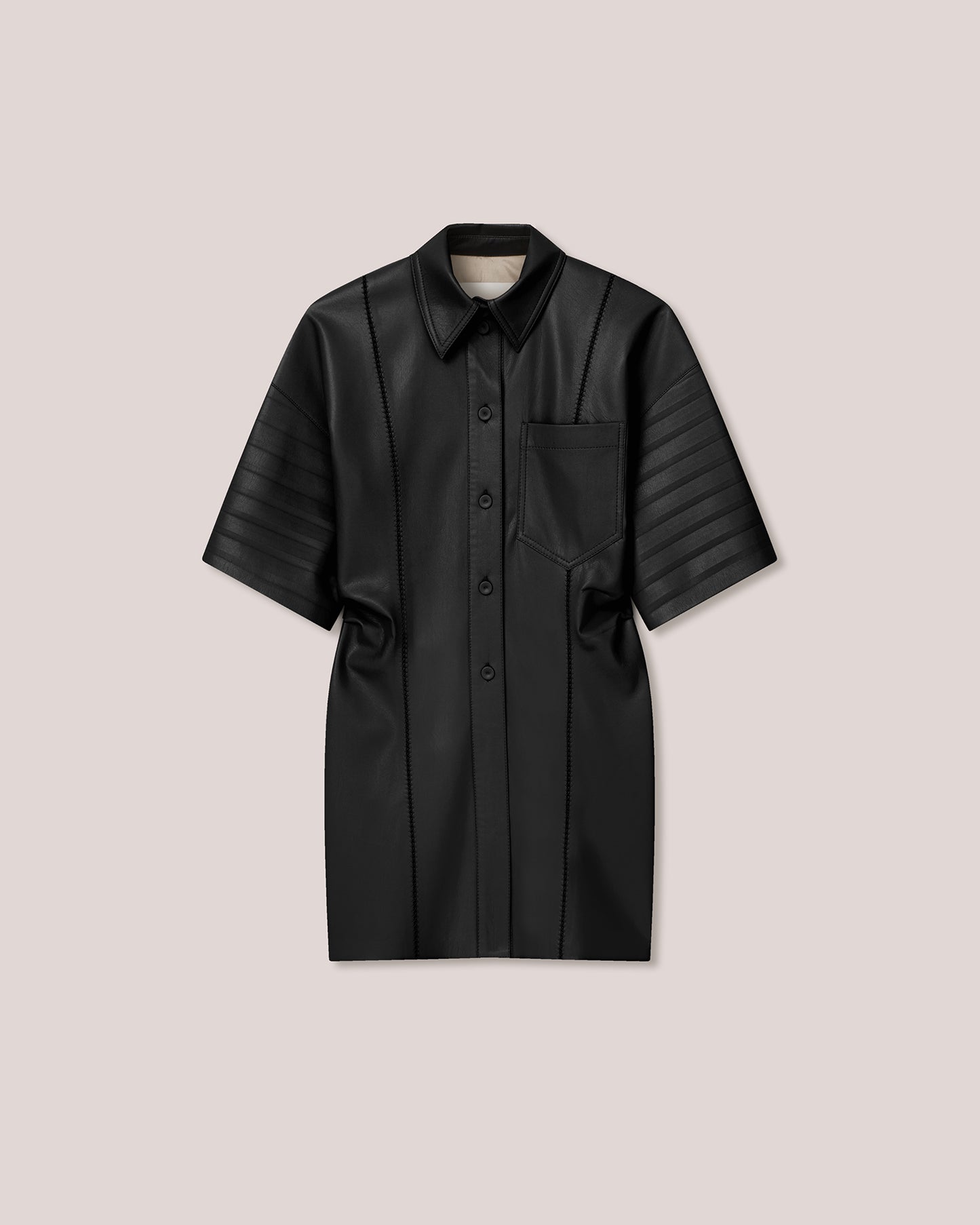 Taya - Archive Vegan Leather Corrugated Effect Short Sleeve Shirt - Black