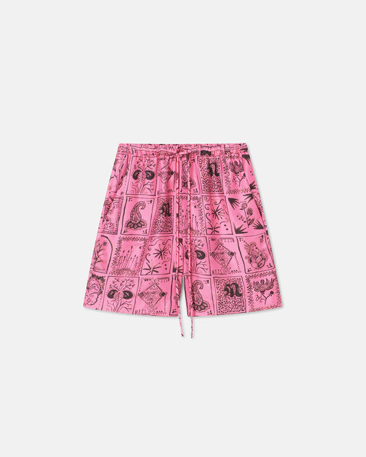 Anne - Printed Silk-Twill Shorts - Hand Drawn Ornamental Pink