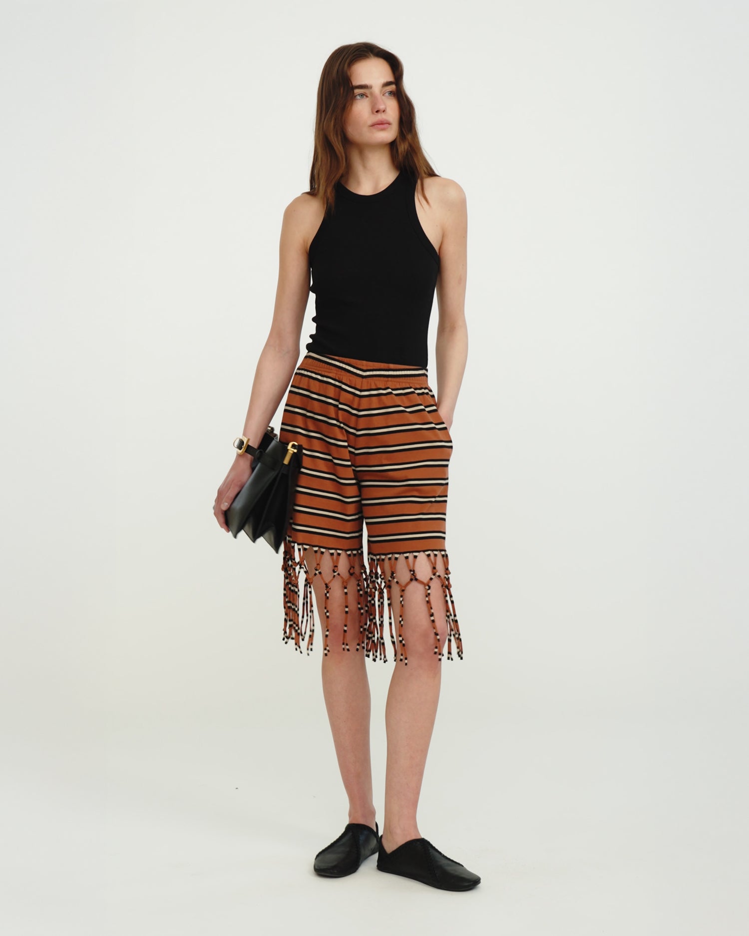 Analu - Striped Cotton Jersey Fringe Shorts - Tan/White/Black