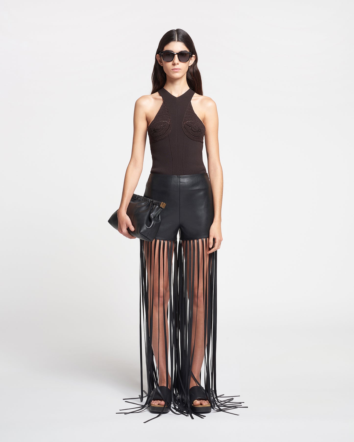 Amalee - Fringed Regenerated Leather Shorts - Black