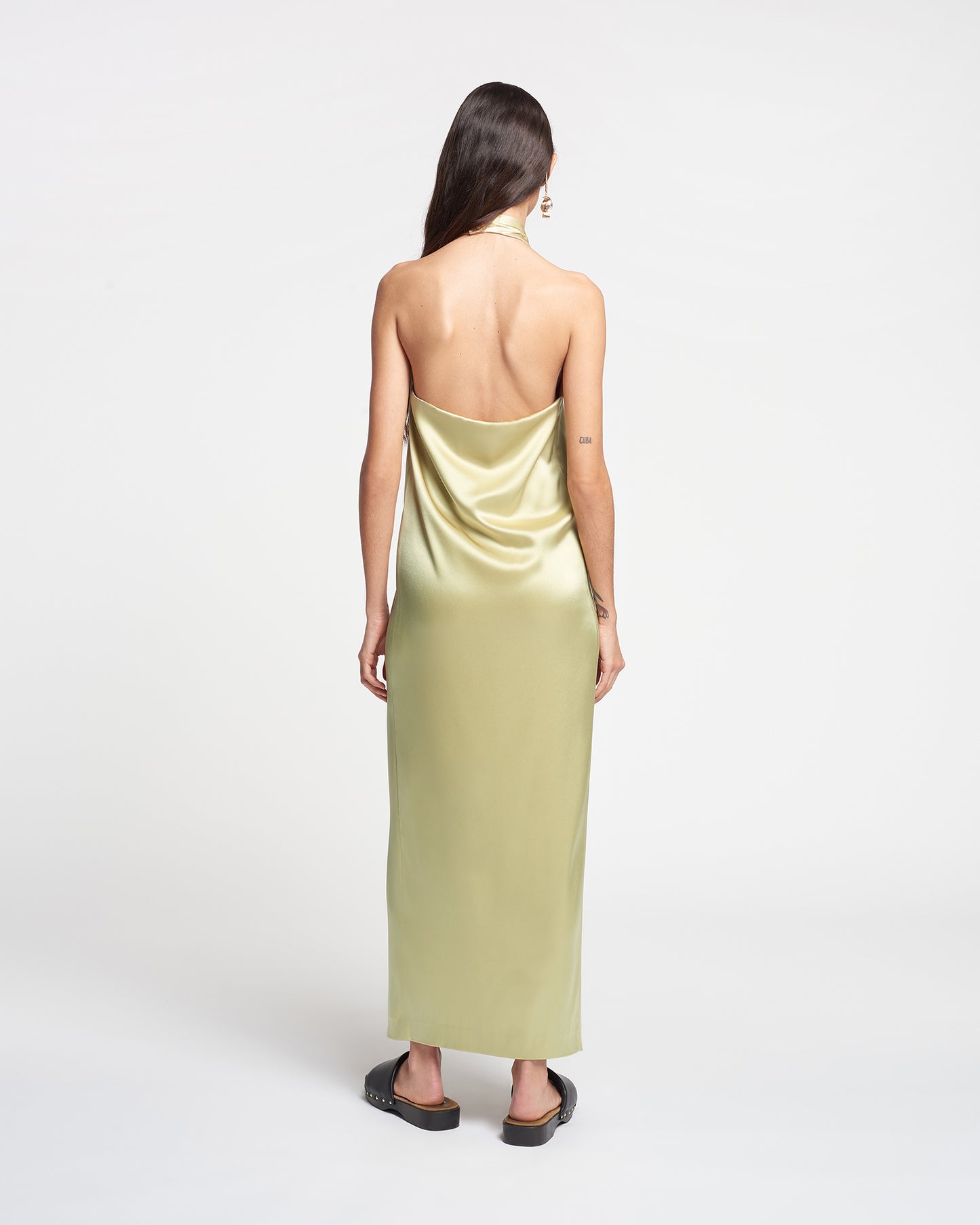 Elima - Slip Satin Halterneck Dress - Lime Yellow