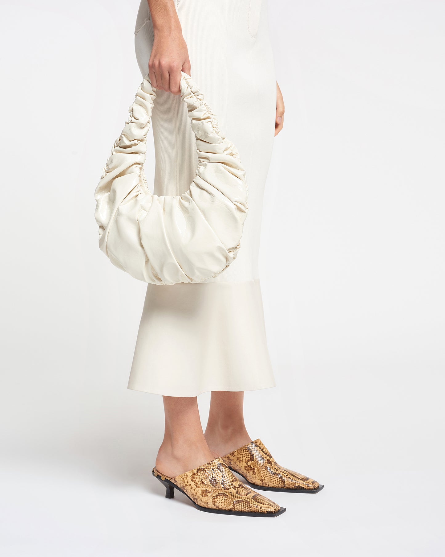 Anja Bag - Ruched Patent Alt-Leather Shoulder Bag - Creme