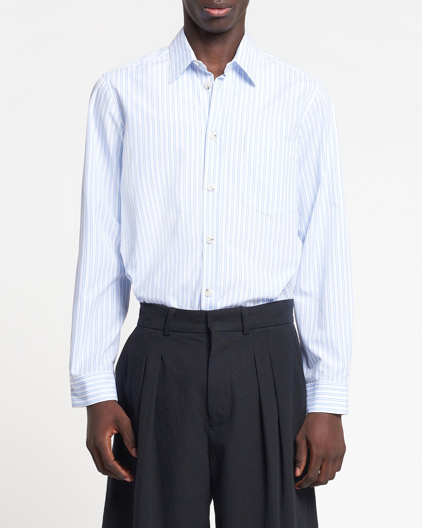 Kaleb - Long Sleeve Striped Cotton Shirt - White Blue