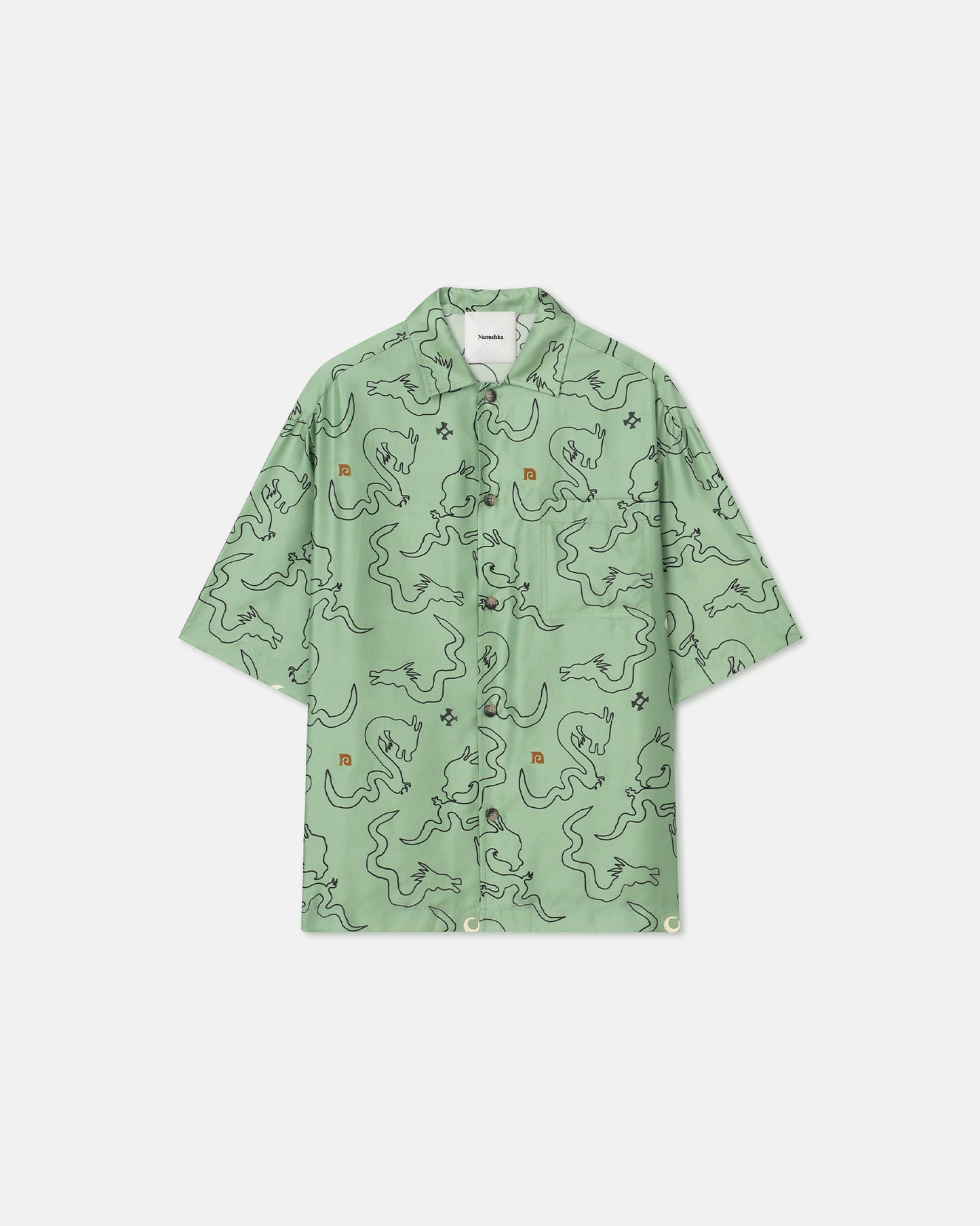 Caspian - Draped Twill Silk Shirt - Green-Aquarelle Dragon Print