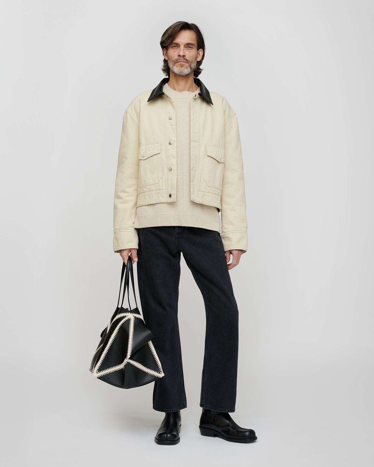 Nowell - Leather-Trimmed Denim Jacket - Beige/Black – Nanushka