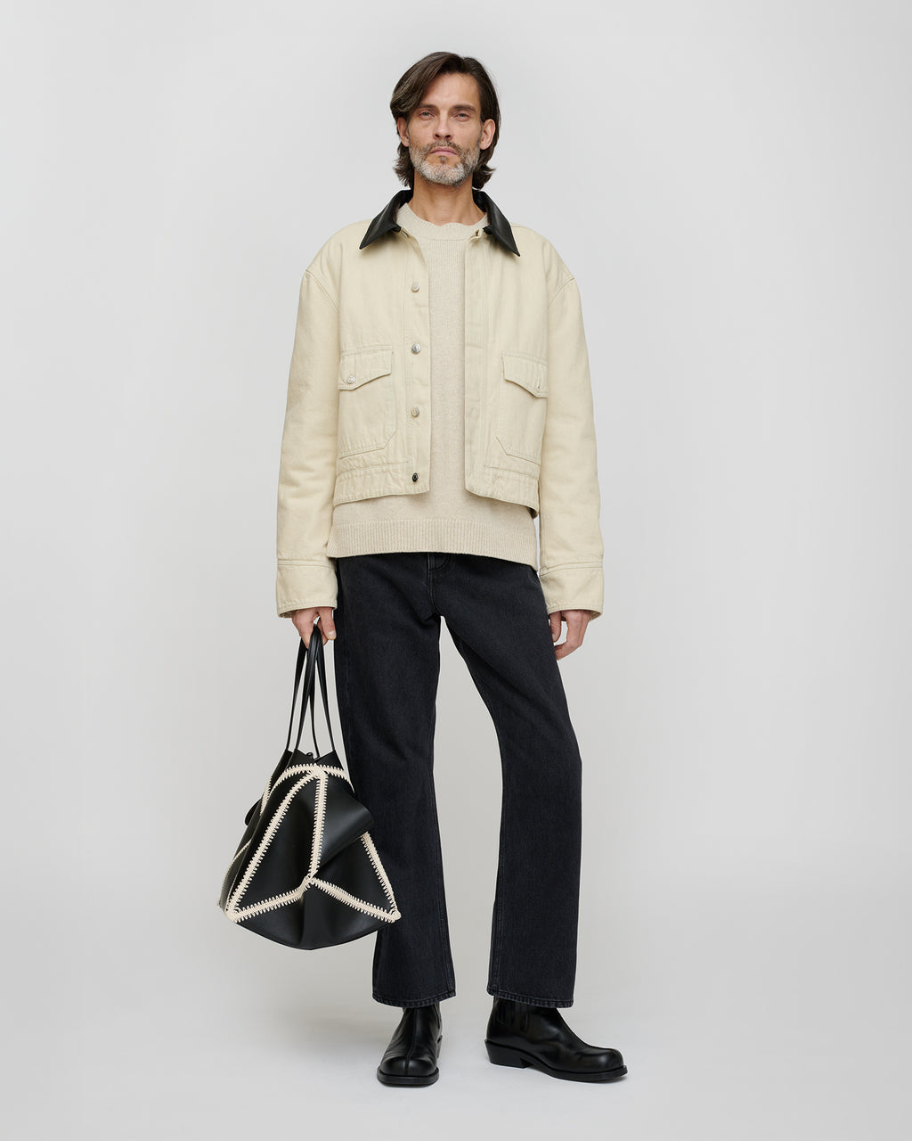 Nowell - Leather-Trimmed Denim Jacket - Beige/Black