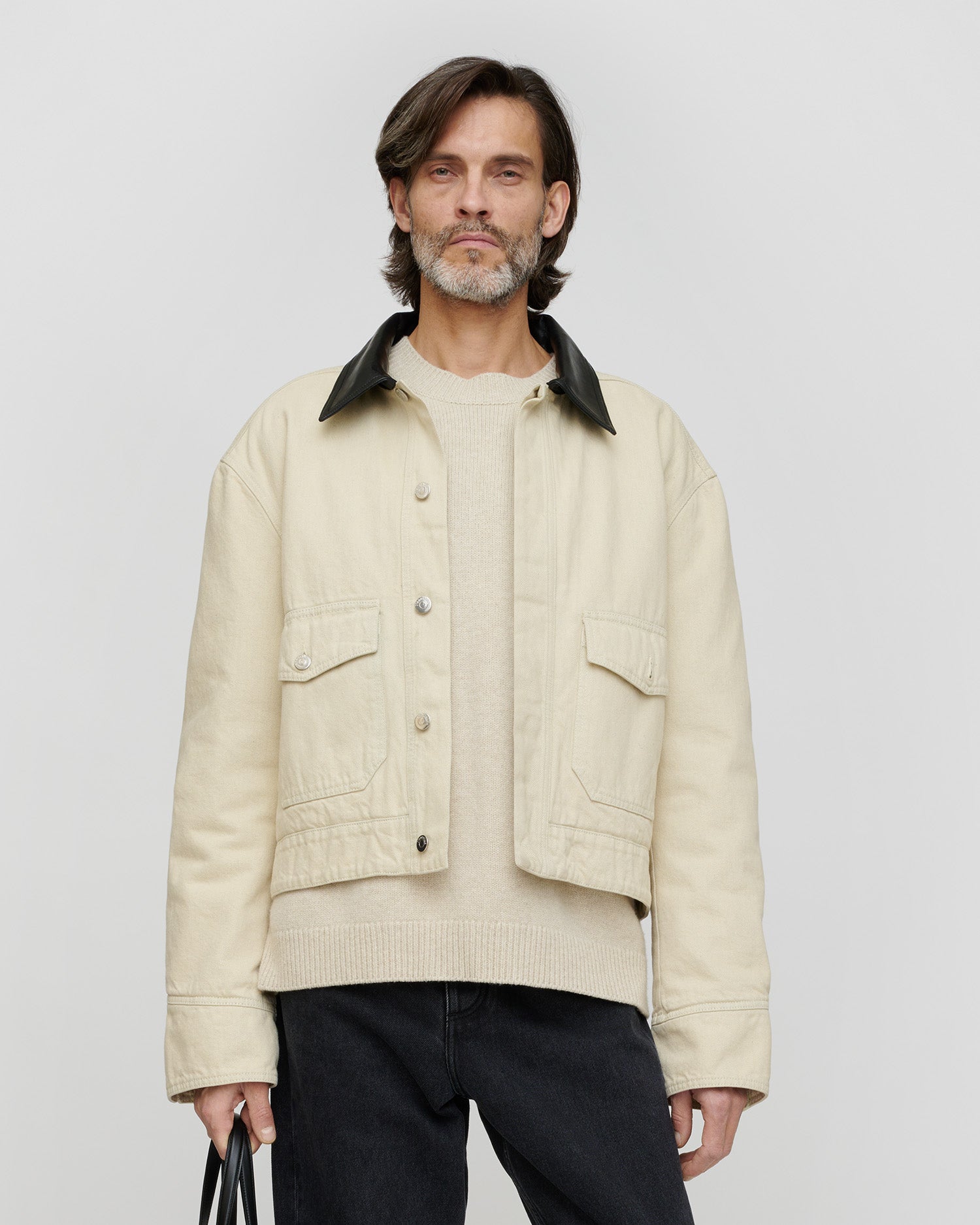 Nowell - Leather-Trimmed Denim Jacket - Beige/Black
