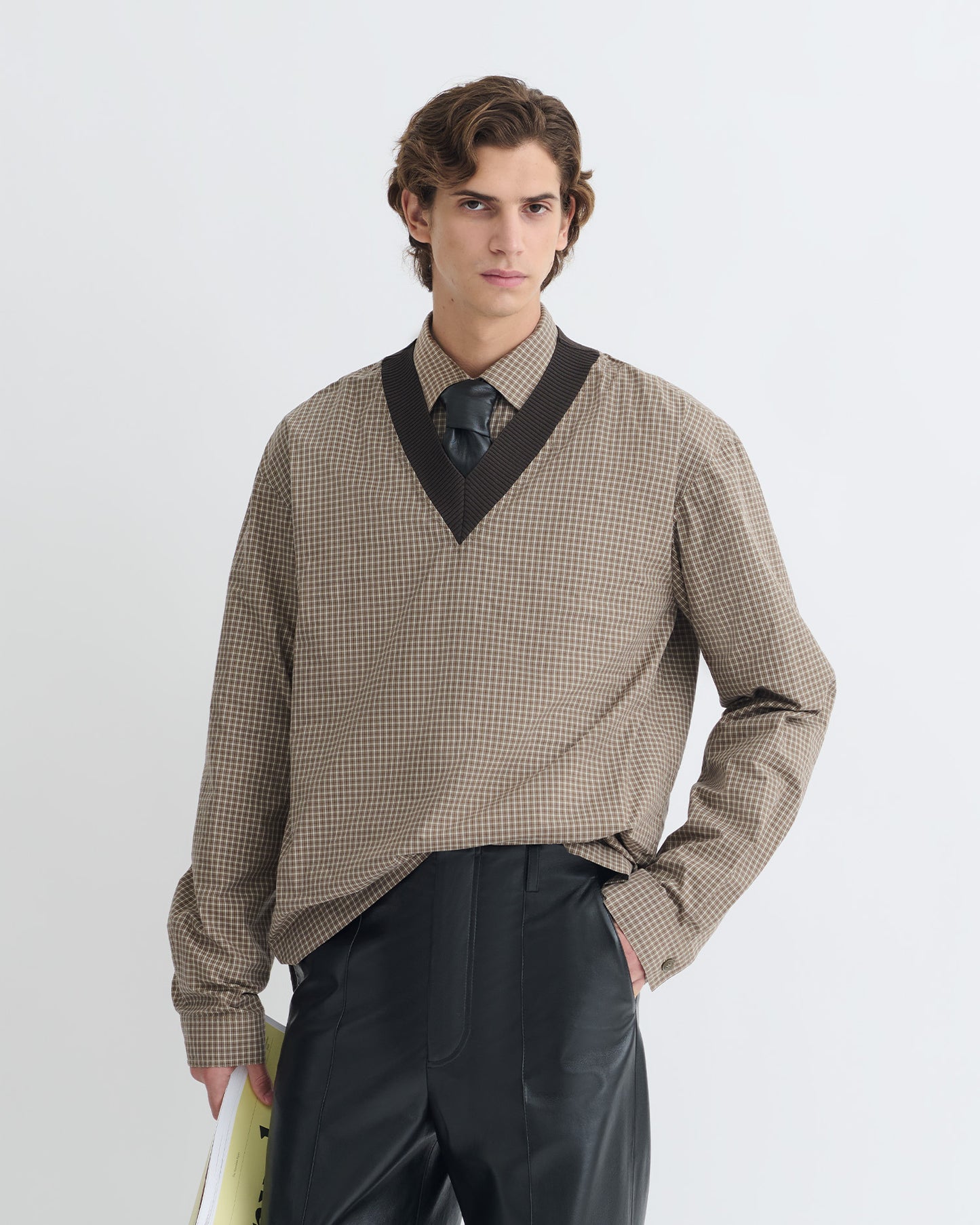 Jahan - Checked V-Neck Top - Brown/Creme