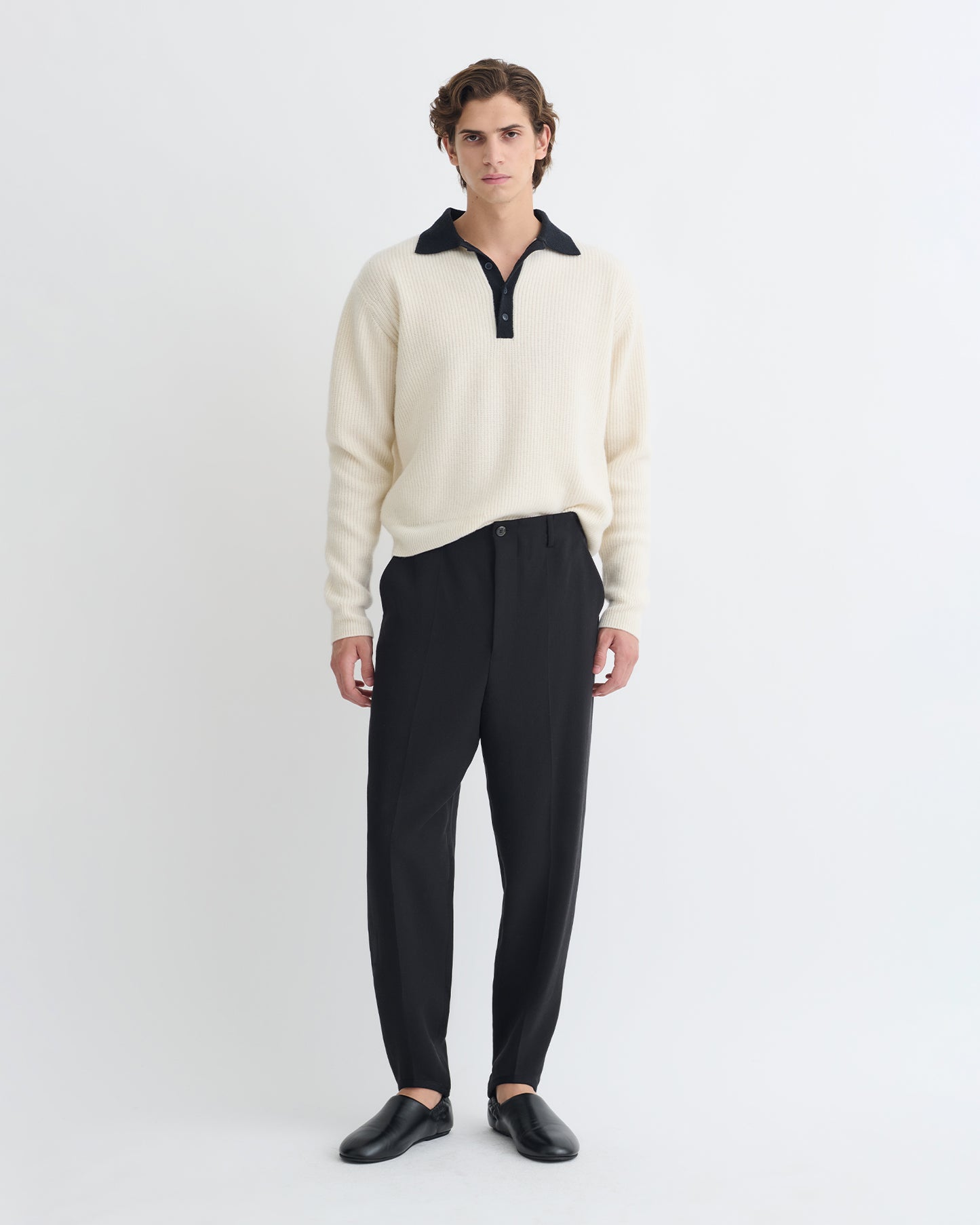 Gregor - Merino and Terry Polo Sweater - Vintage Creme/Black