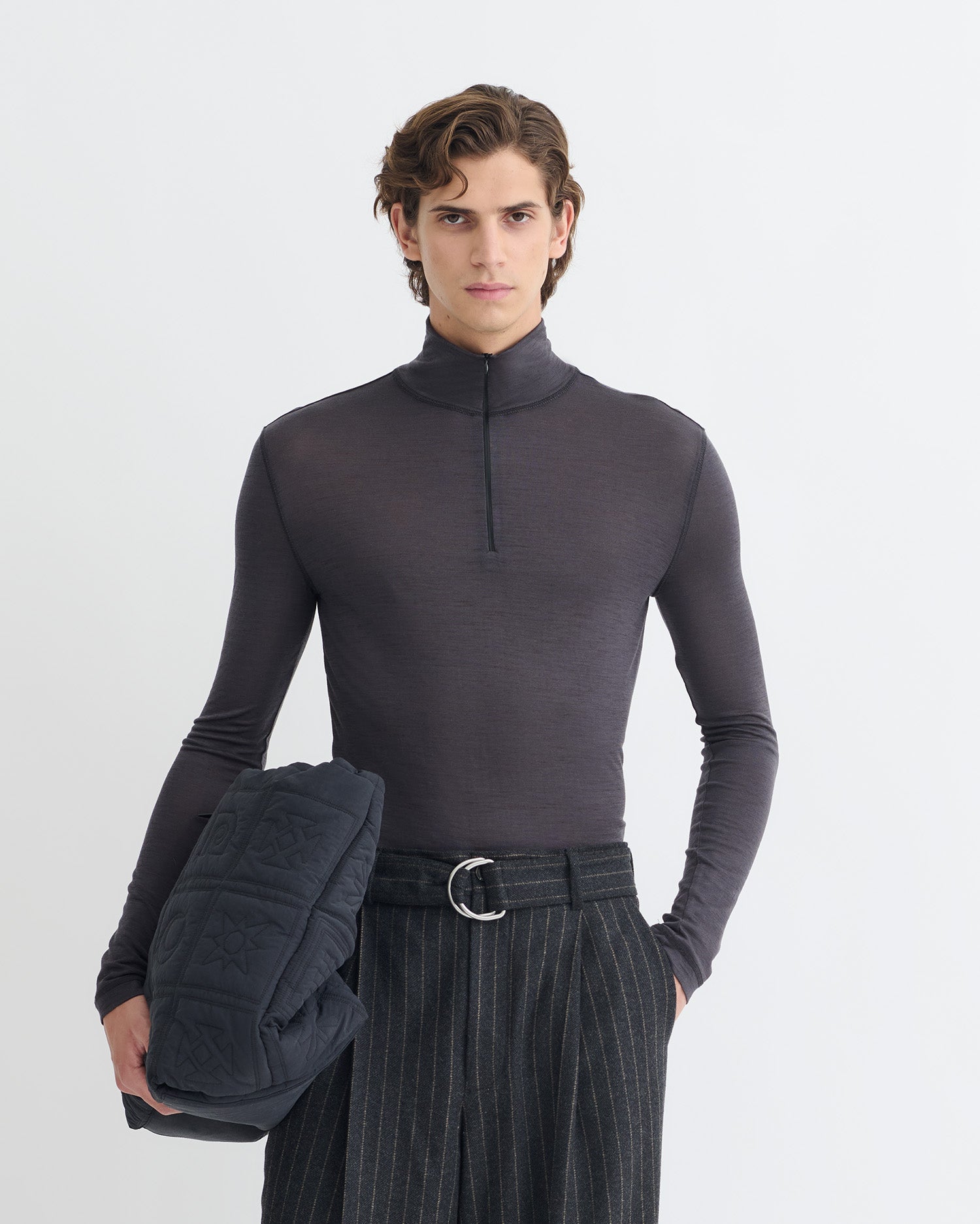 Tenoch - Melange Wool Jersey Turtleneck Top - Grey Melange