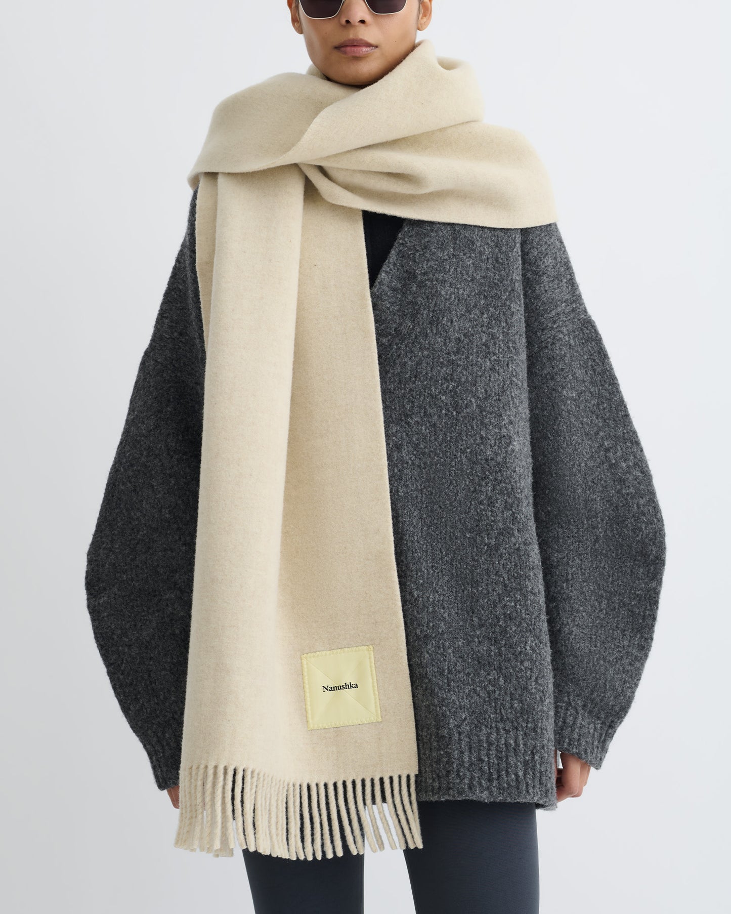 Keaton - Wide Blanket Fringe Scarf - Light Beige