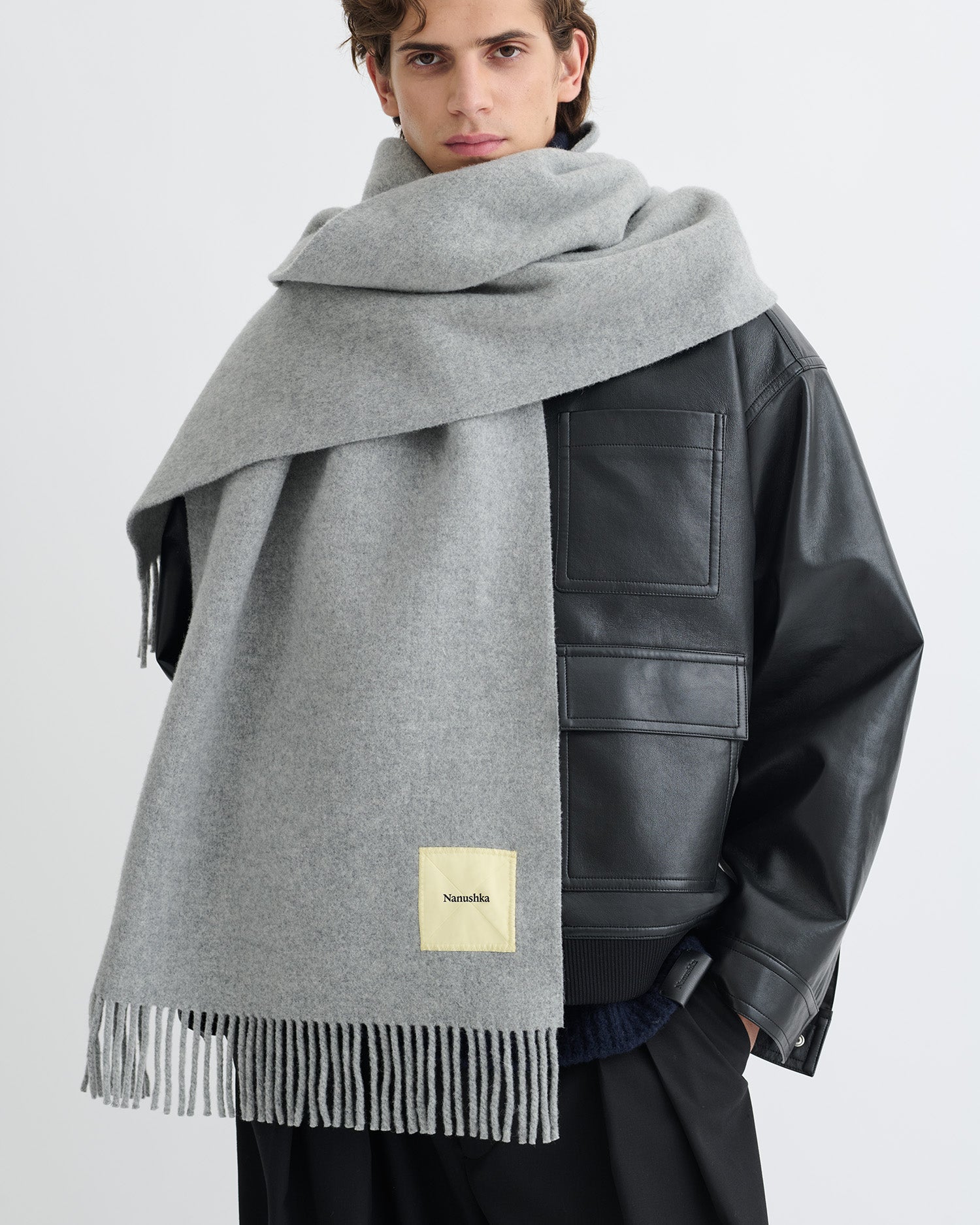 Keaton - Wide Blanket Fringe Scarf - Grey Melange