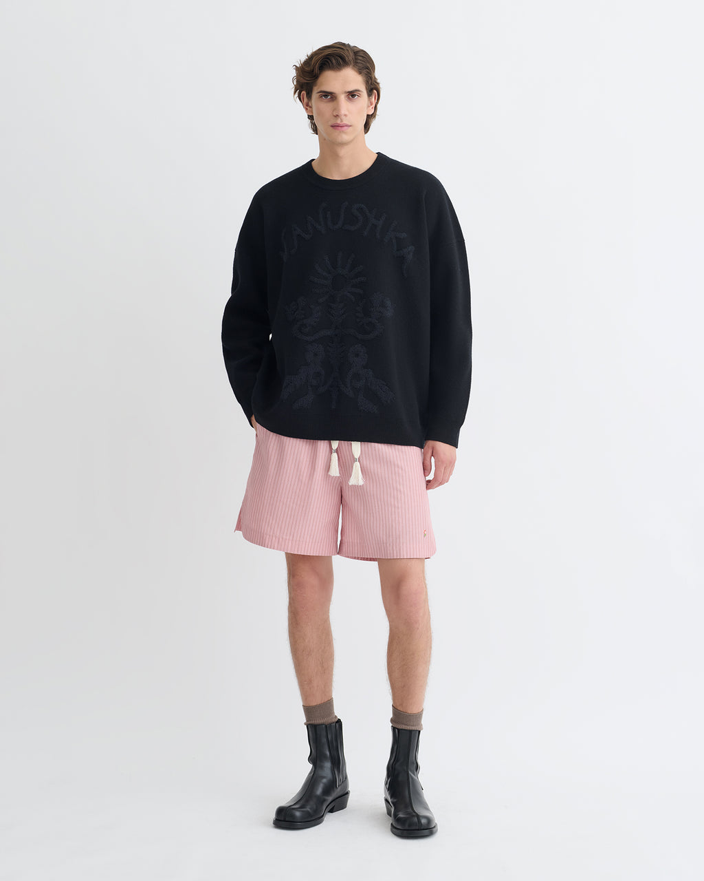 Oswin - Merino and Terry Jacquard Sweater - Black/Off Black Papercut