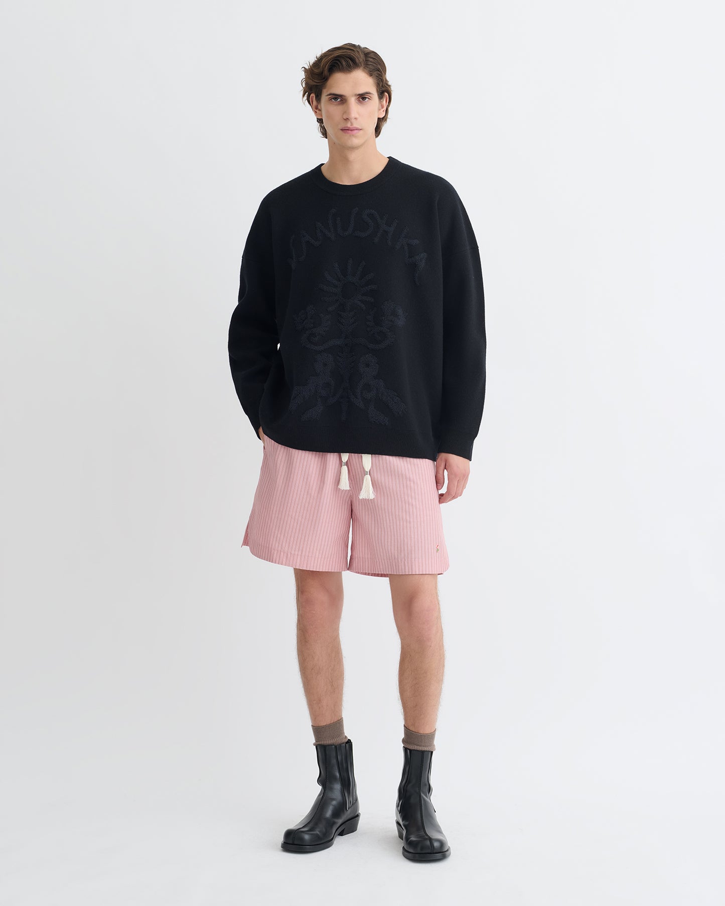 Oswin - Merino and Terry Jacquard Sweater - Black/Off Black Papercut
