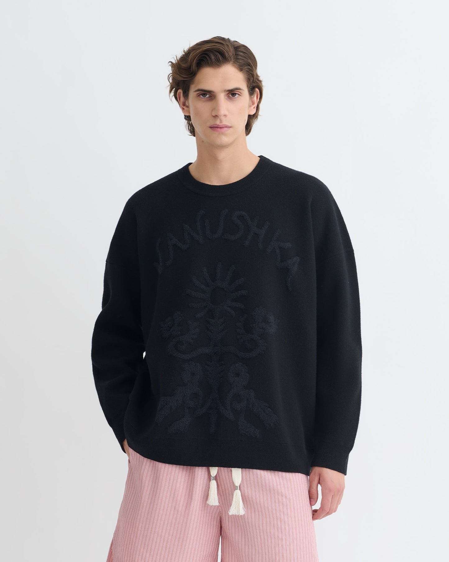 Oswin - Merino and Terry Jacquard Sweater - Black/Off Black Papercut