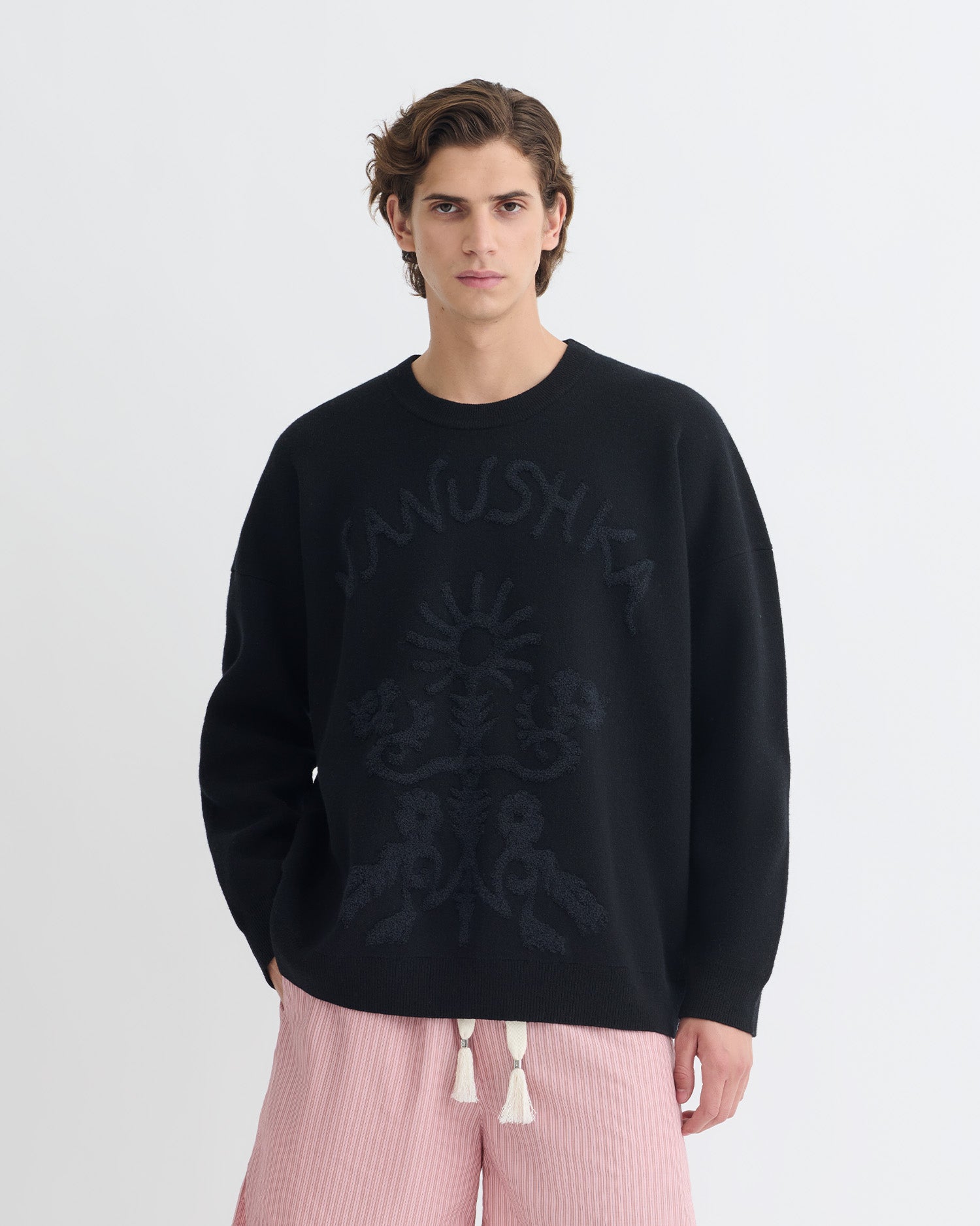 Oswin - Merino and Terry Jacquard Sweater - Black/Off Black Papercut