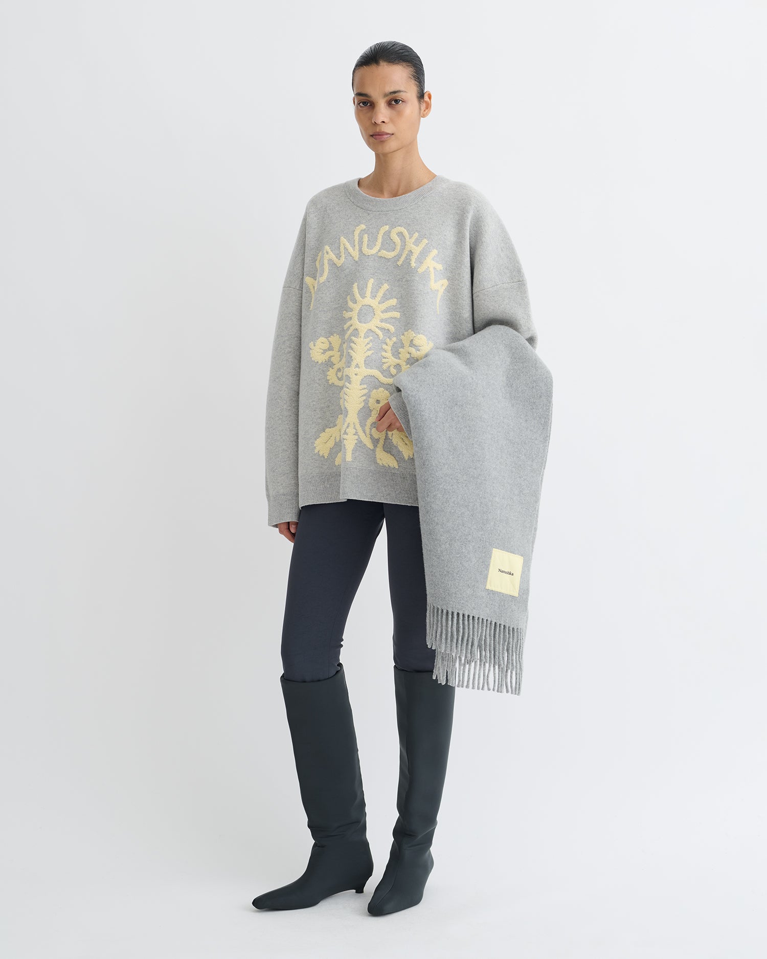 Oswin - Merino and Terry Jacquard Sweater - Light Grey/Creme Papercut