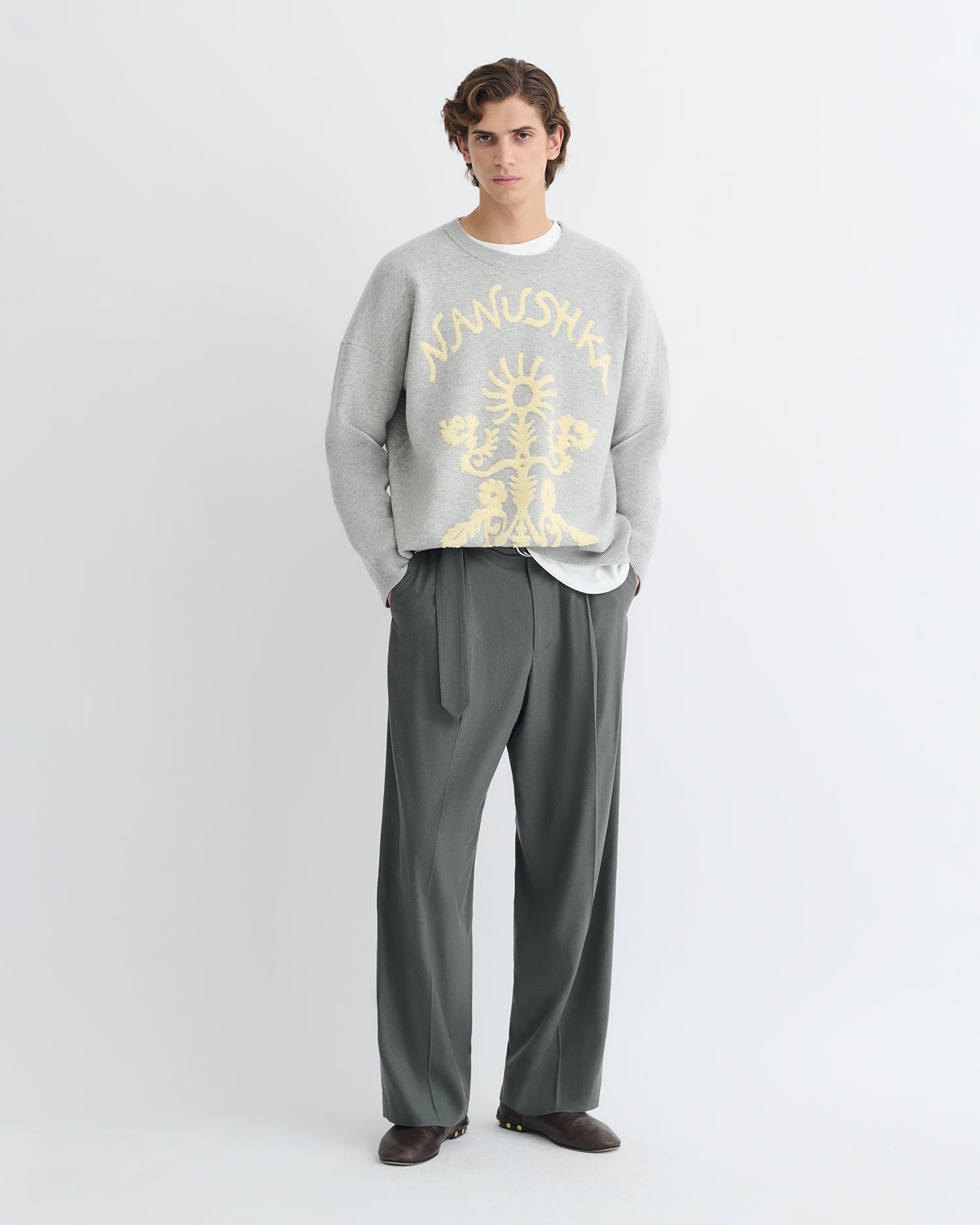 Oswin - Merino and Terry Jacquard Sweater - Light Grey/Creme