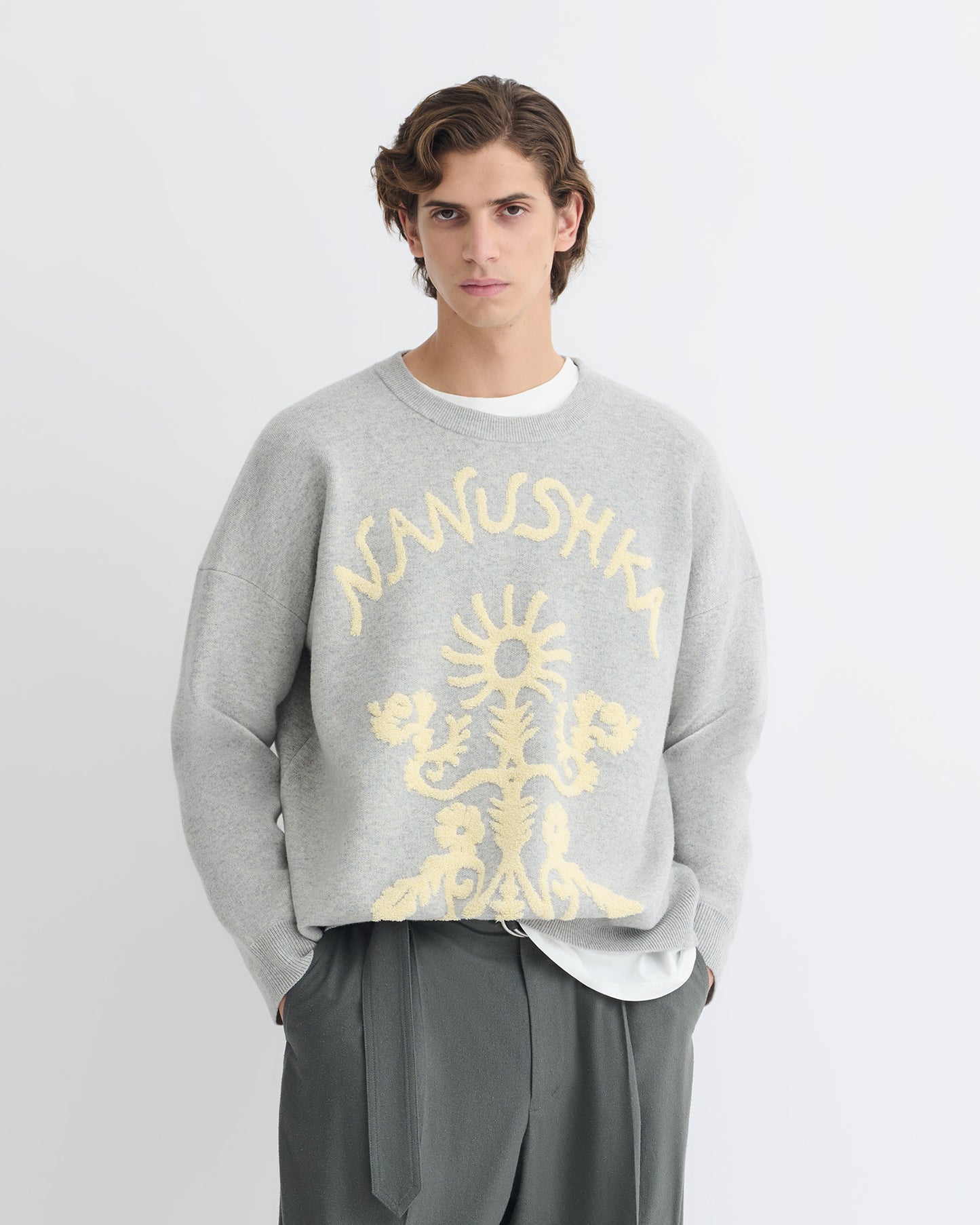 Oswin - Merino and Terry Jacquard Sweater - Light Grey/Creme Papercut