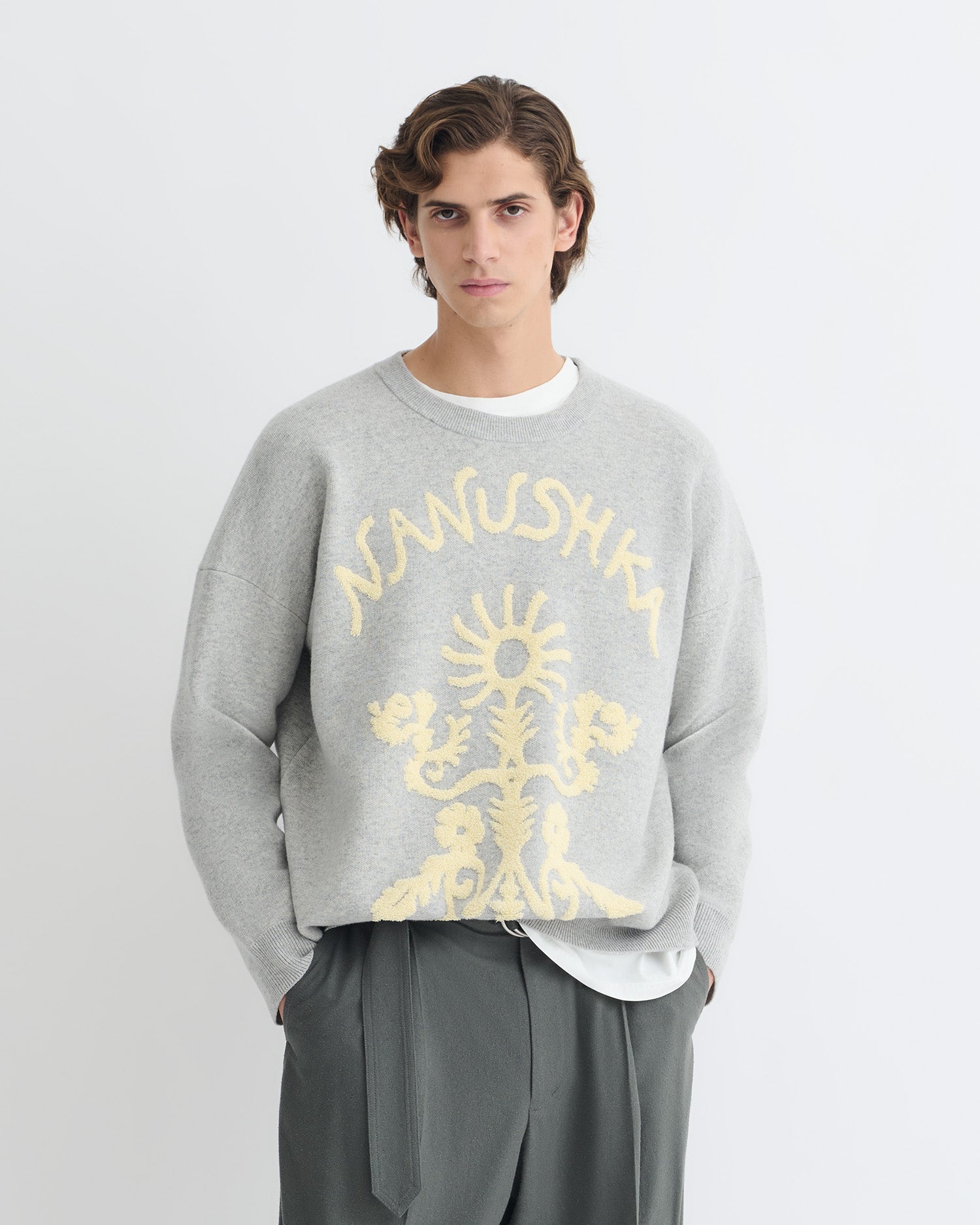 Oswin - Merino and Terry Jacquard Sweater - Light Grey/Creme Papercut