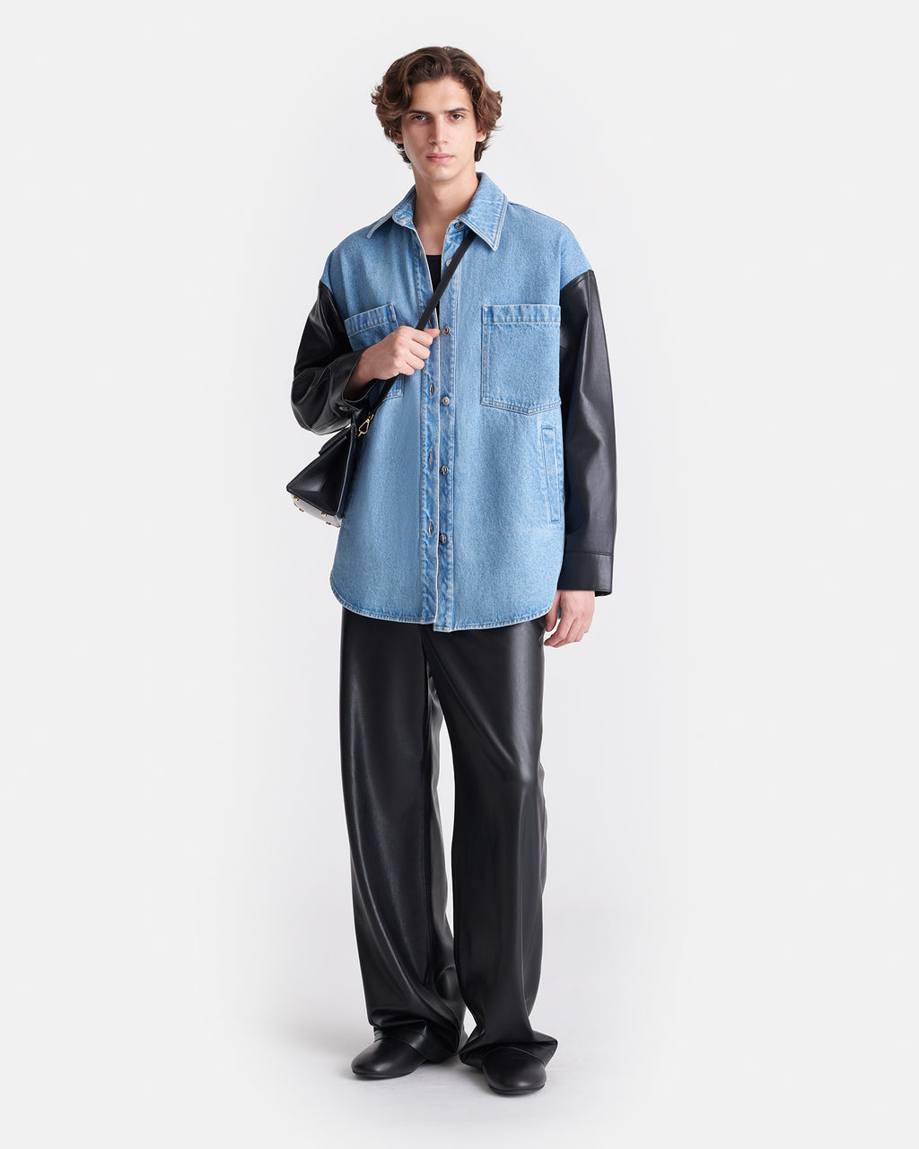 Zinnie - Denim and Regenerated Leather Shirt - Mid Blue-Black