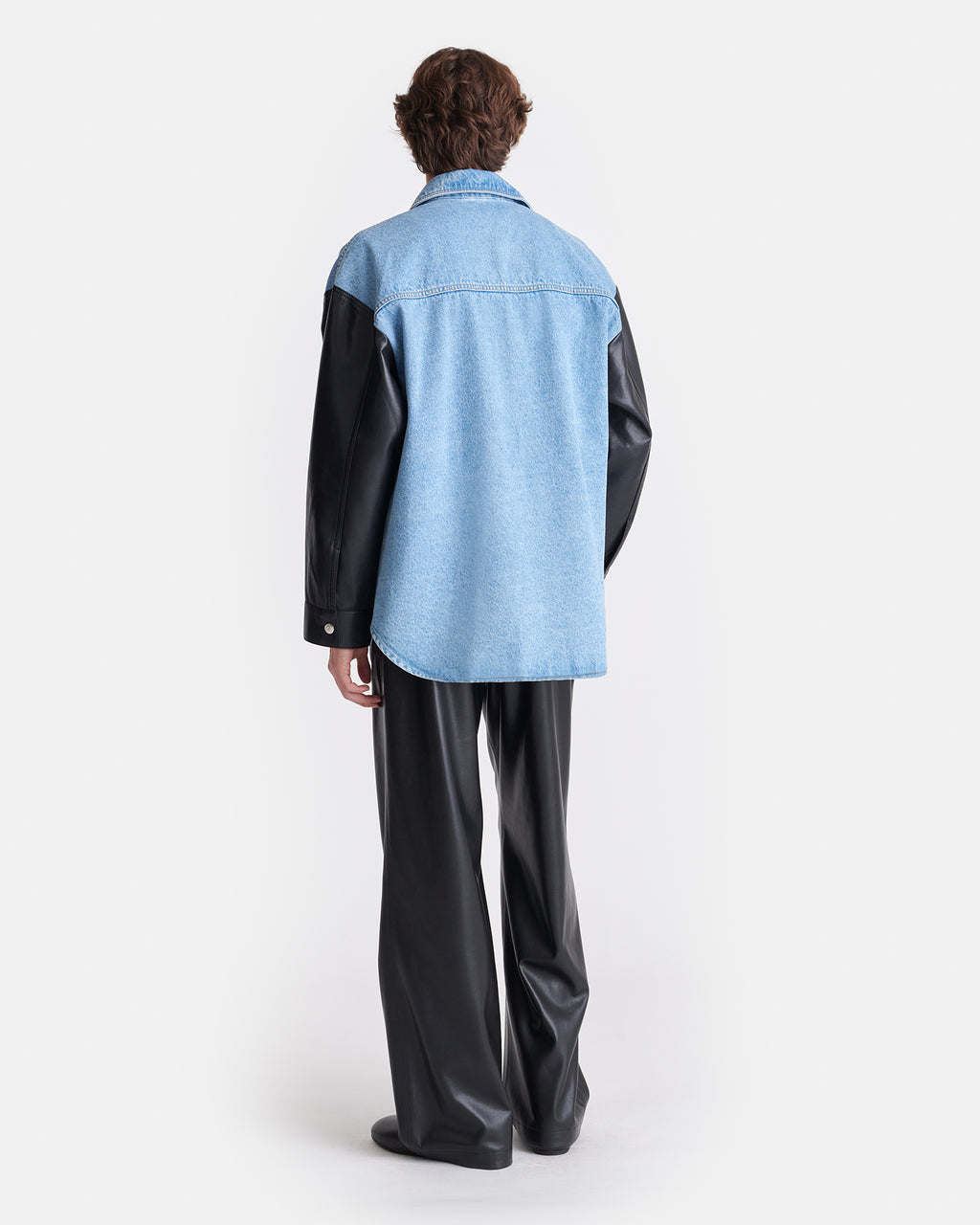 Zinnie - Denim and Regenerated Leather Shirt - Mid Blue-Black