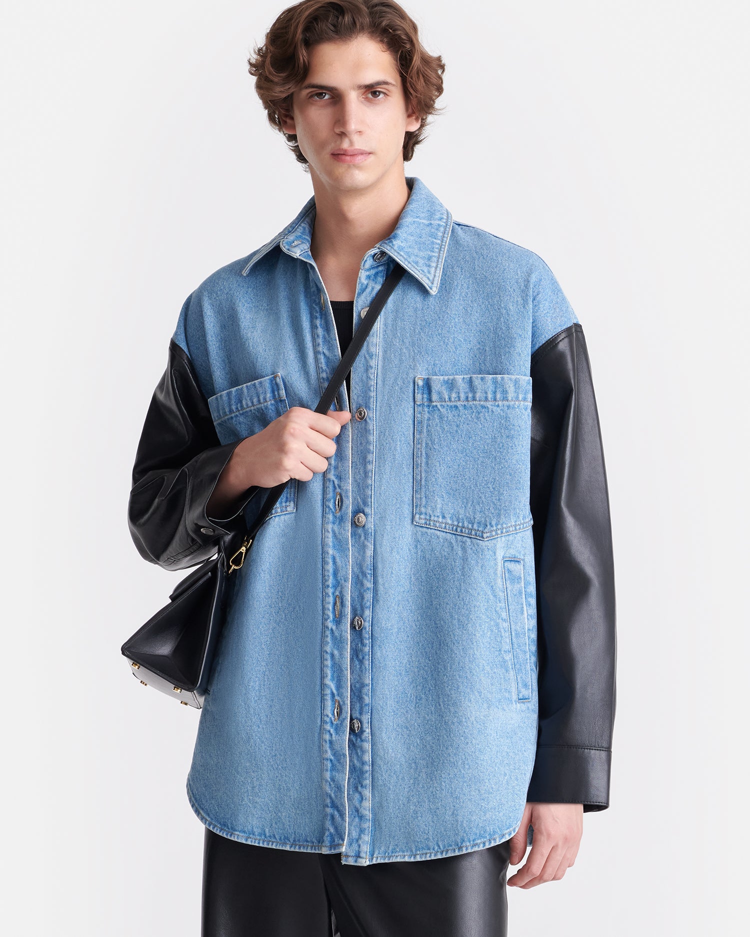 Zinnie - Denim and Regenerated Leather Shirt - Mid Blue-Black
