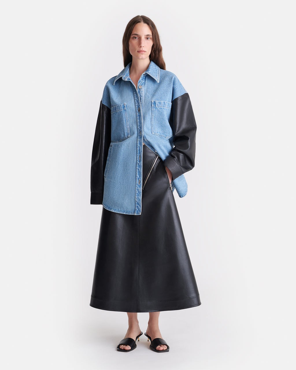 Zinnie - Denim and Regenerated Leather Shirt - Mid Blue-Black