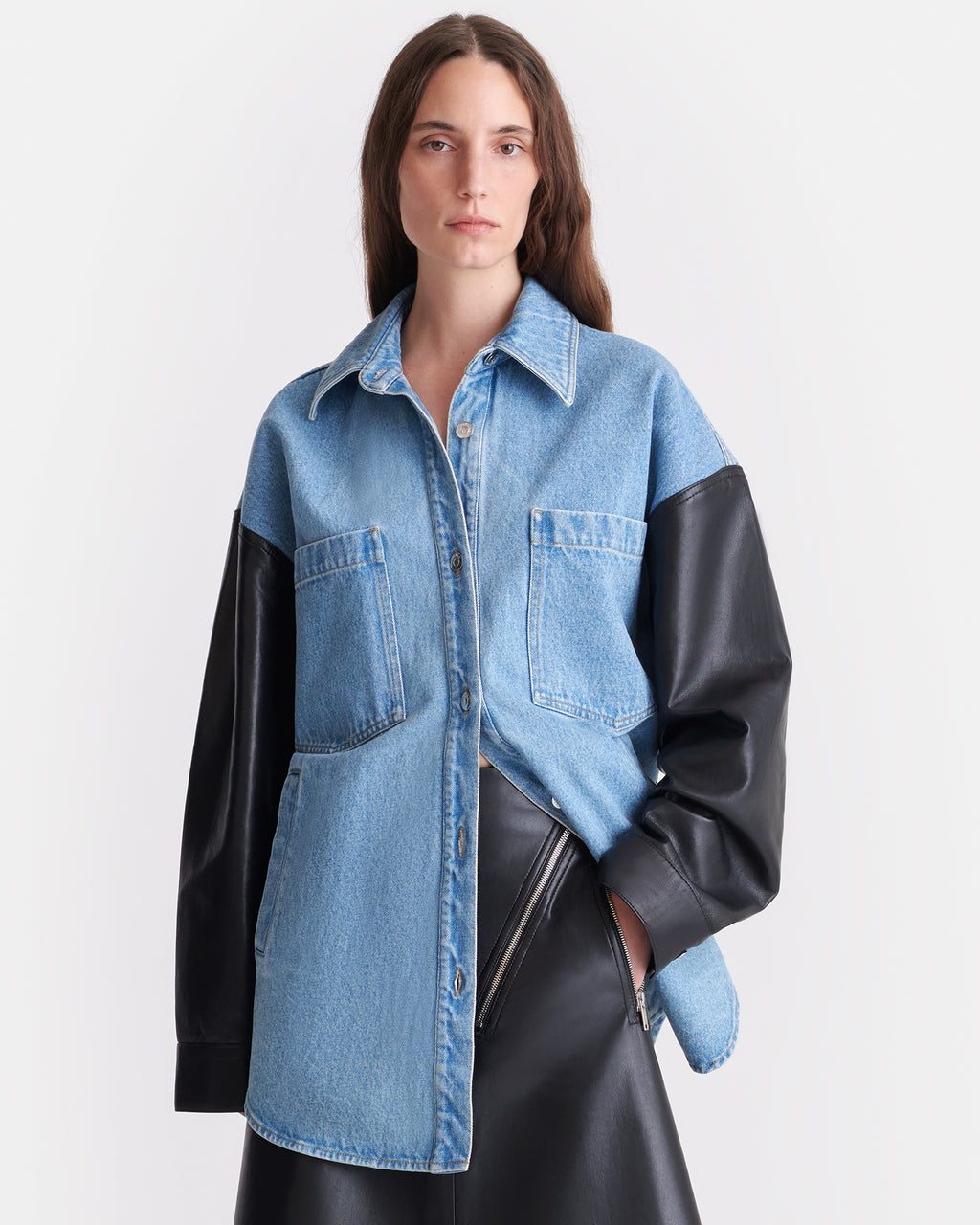 Zinnie - Denim and Regenerated Leather Shirt - Mid Blue-Black
