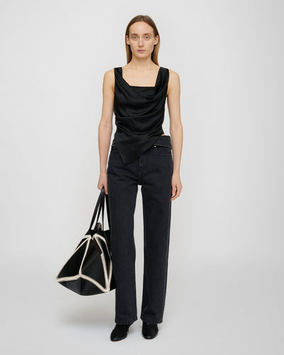 Petra - Sleeveless Draped Slip Satin Top - Black