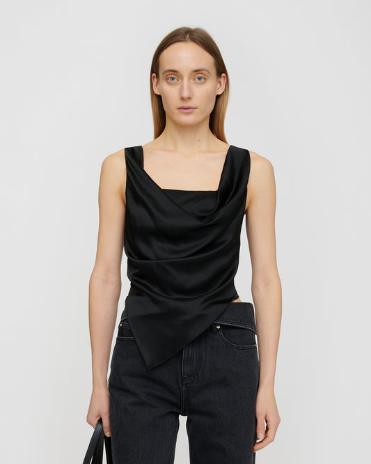 Petra - Sleeveless Draped Slip Satin Top - Black