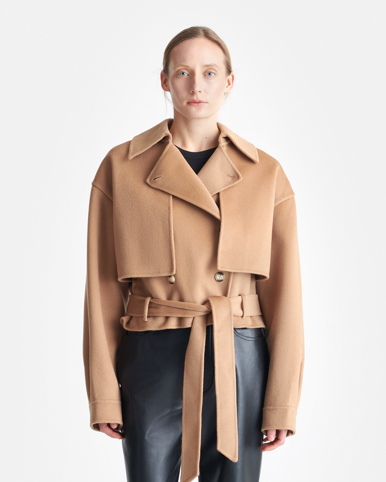 新品ACHE THEWide Collar Wool Silk Jacket Convertible Collar Double-Faced Silke-Wool Blend Coat