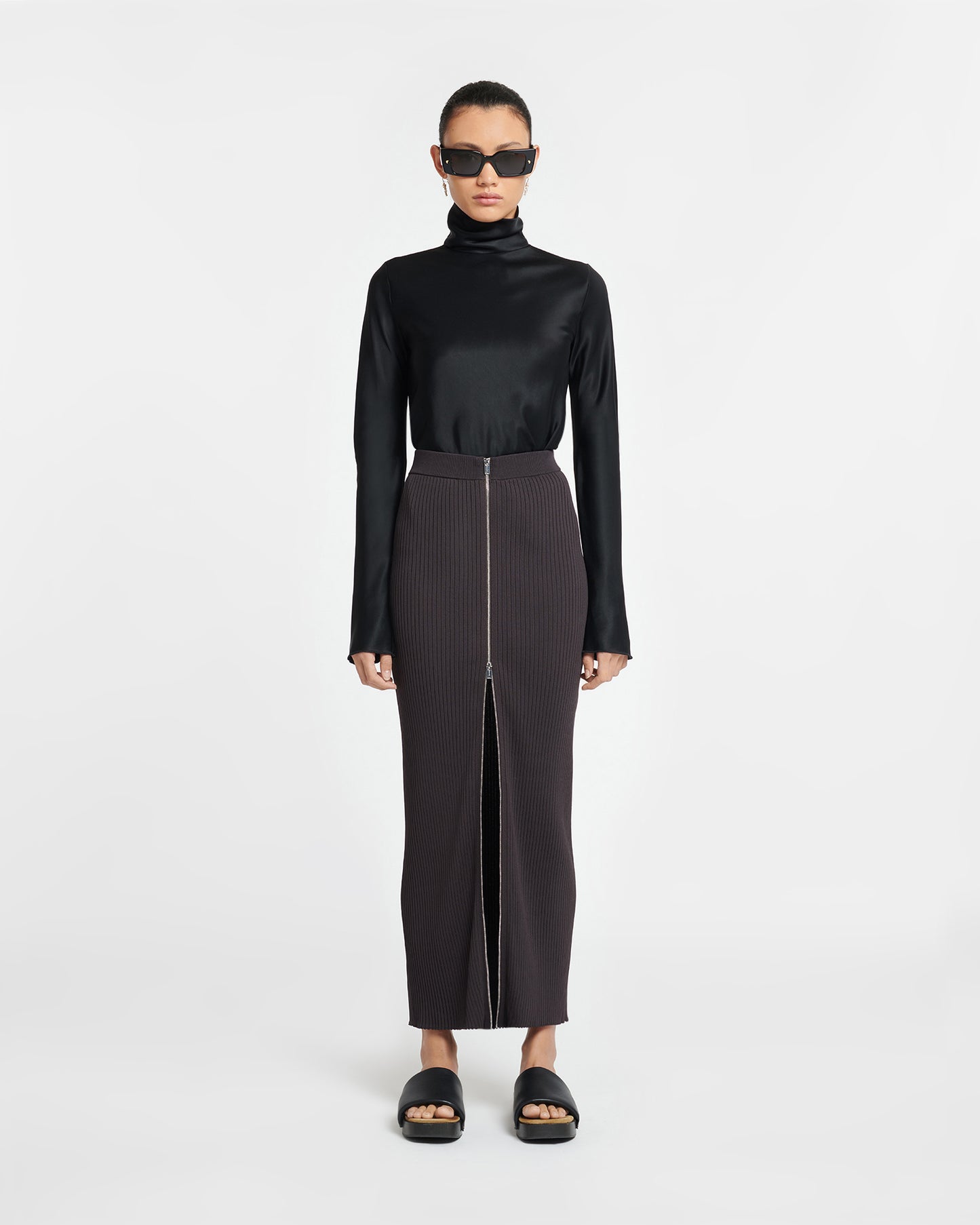 Eva - Slip Satin Turtleneck Top - Black