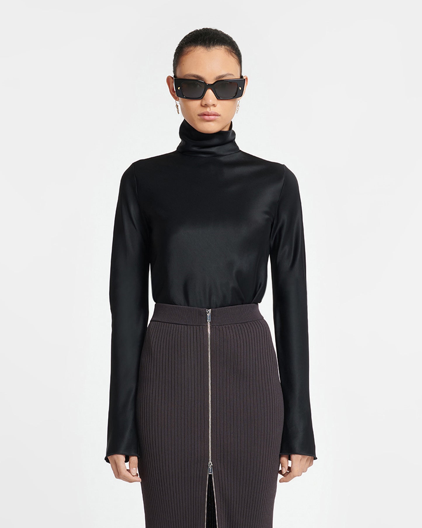 Eva - Slip Satin Turtleneck Top - Black