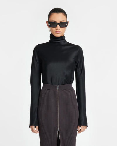 Eva - Slip Satin Turtleneck Top - Black