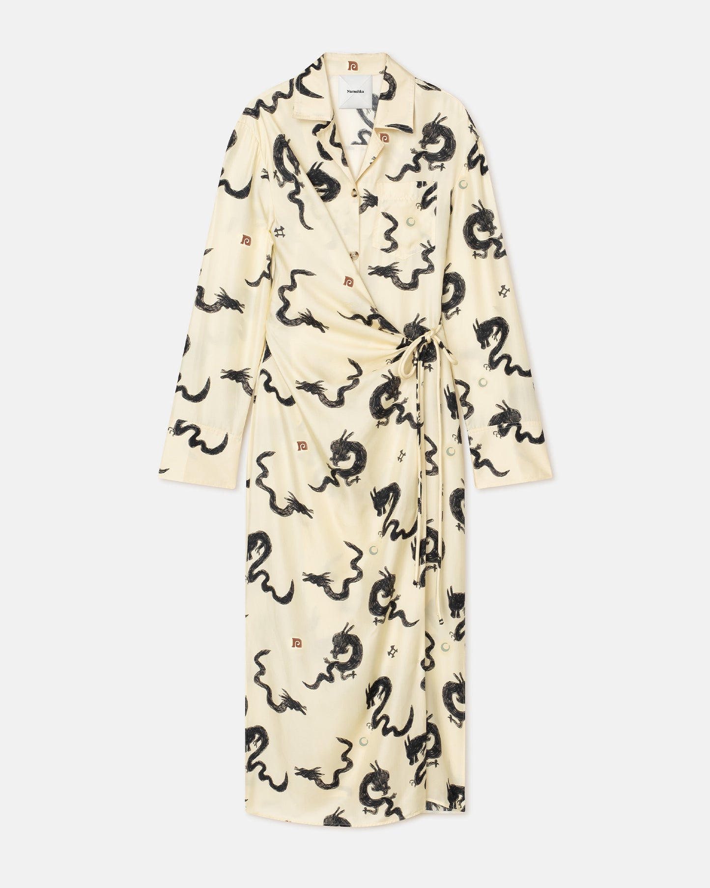 Else - Slip Satin Wrap Shirt Dress - Creme-Aquarelle Dragon Print