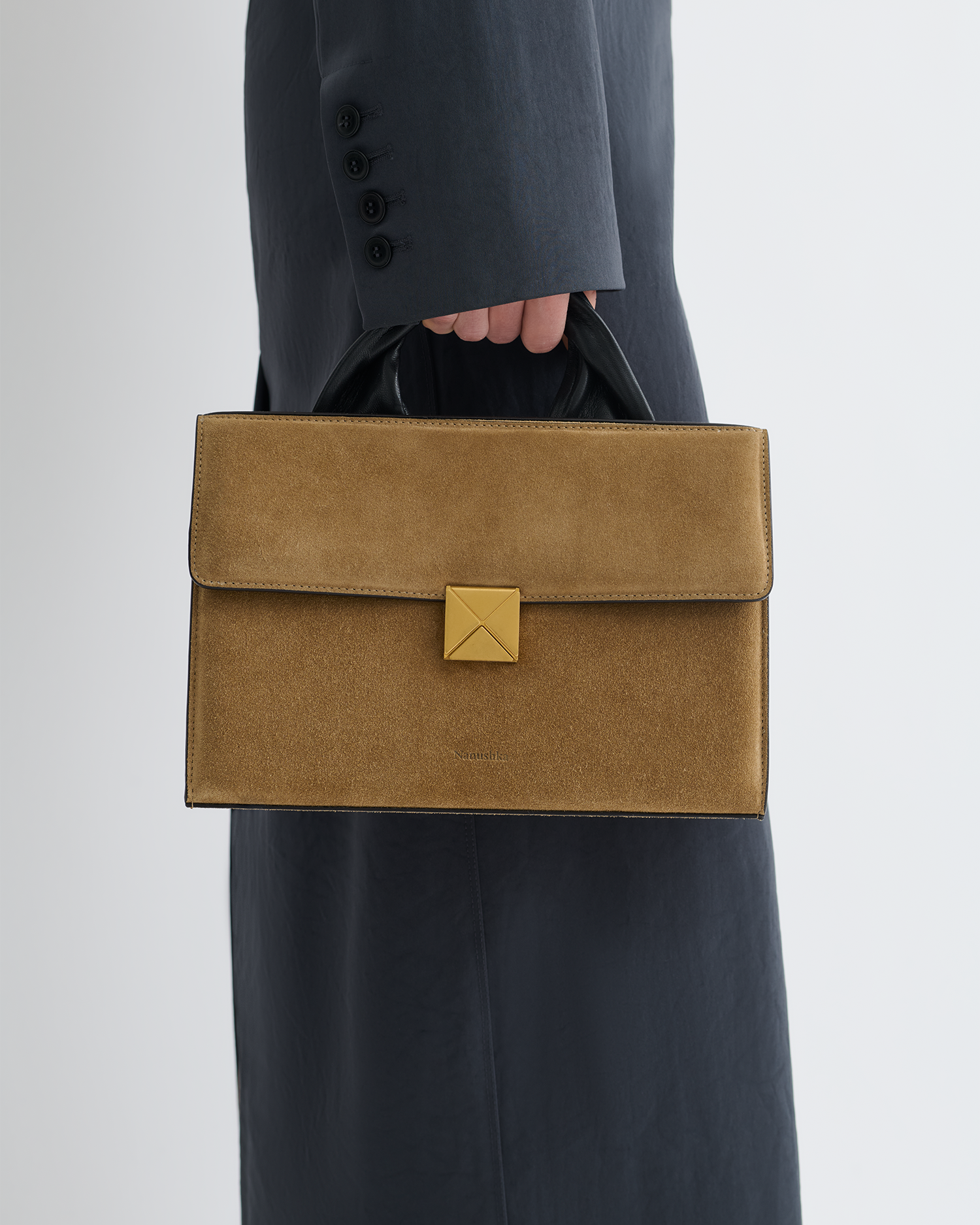 The SANDI Lock - Top handle bag - Brown Suede – Nanushka