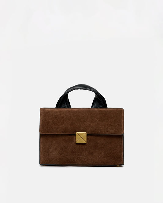 Sandi Lock - Suede Top Handle Bag - Dark Brown