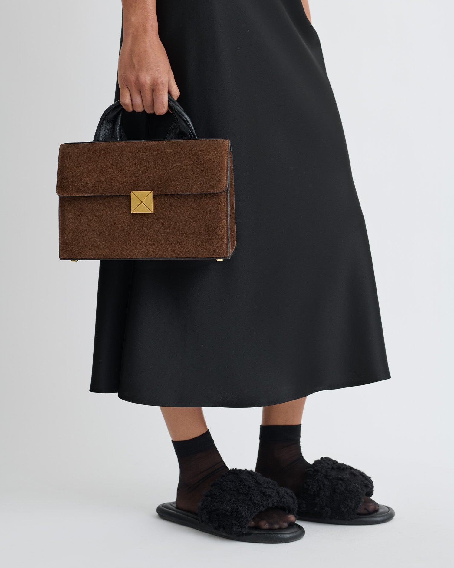 Sandi Lock - Suede Top Handle Bag - Dark Brown