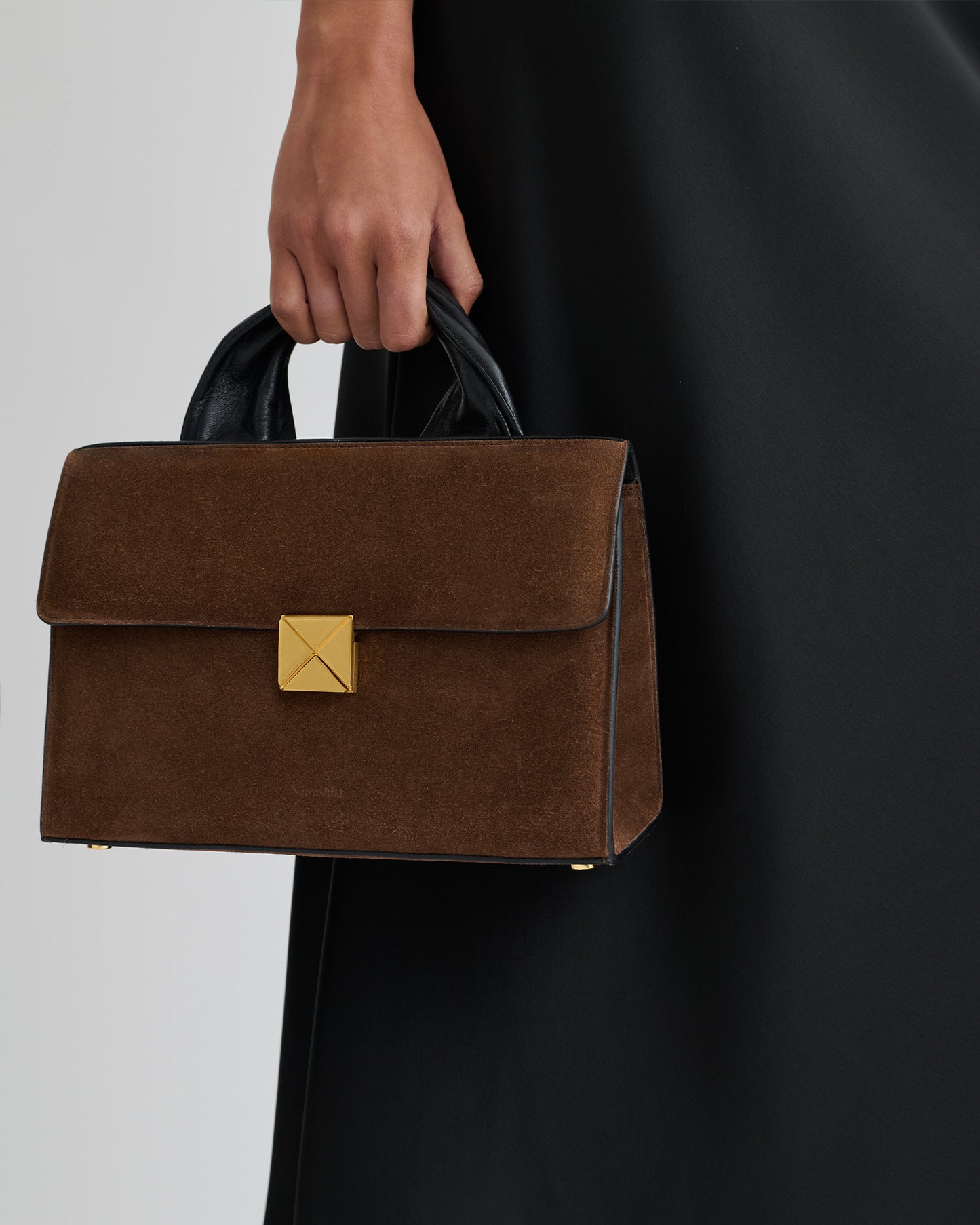 Sandi Lock - Suede Top Handle Bag - Dark Brown