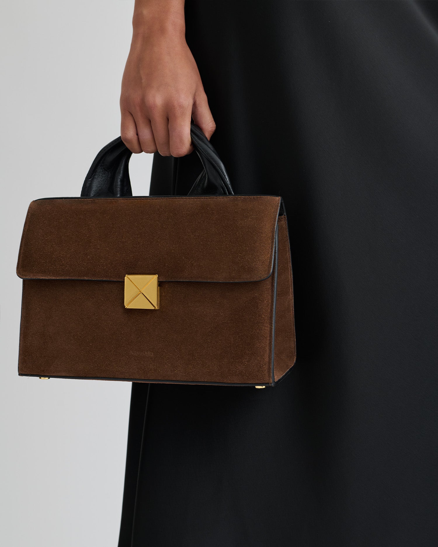 Sandi Lock - Suede Top Handle Bag - Dark Brown