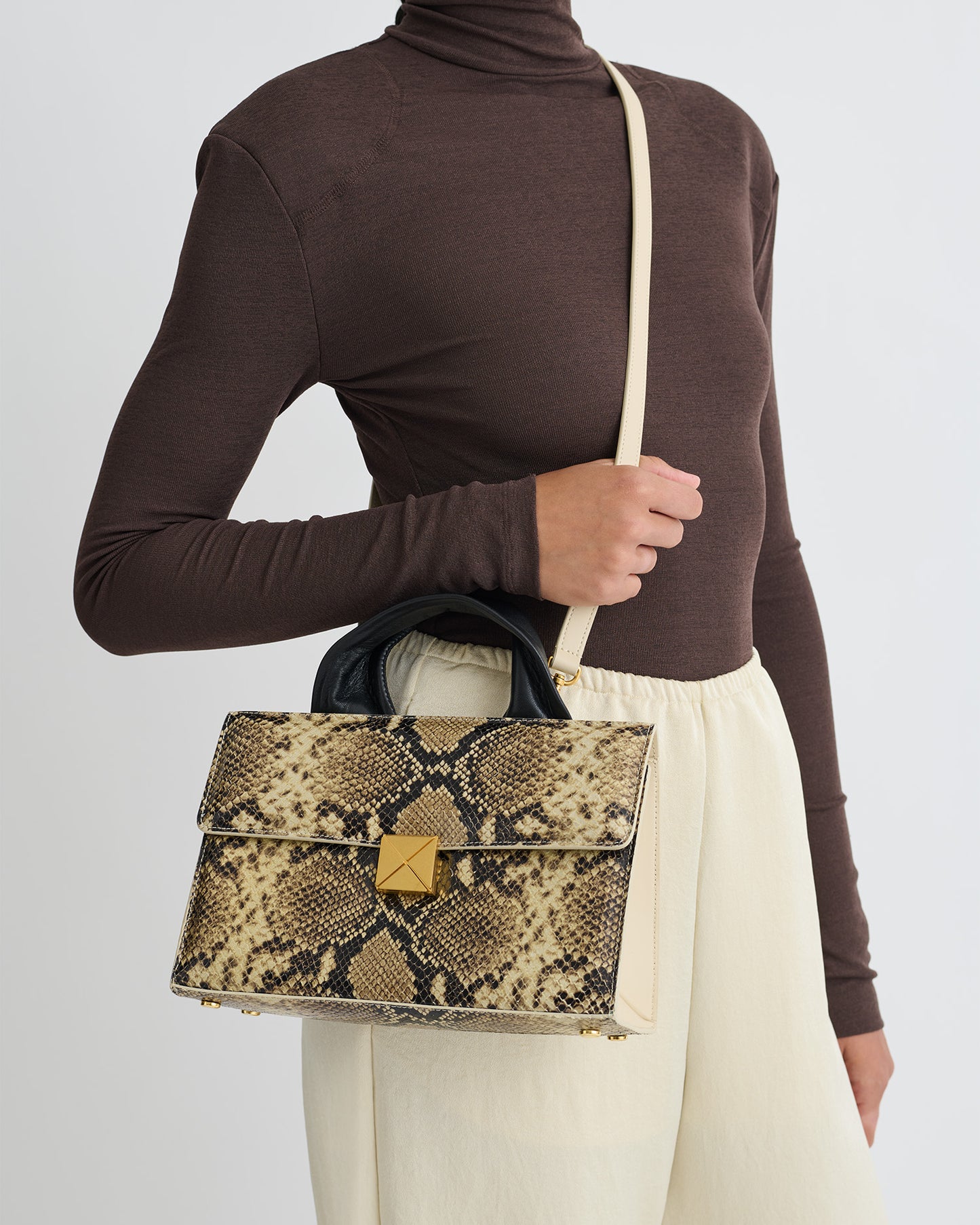 Sandi Lock - Embossed Leather Top Handle Bag - Snake